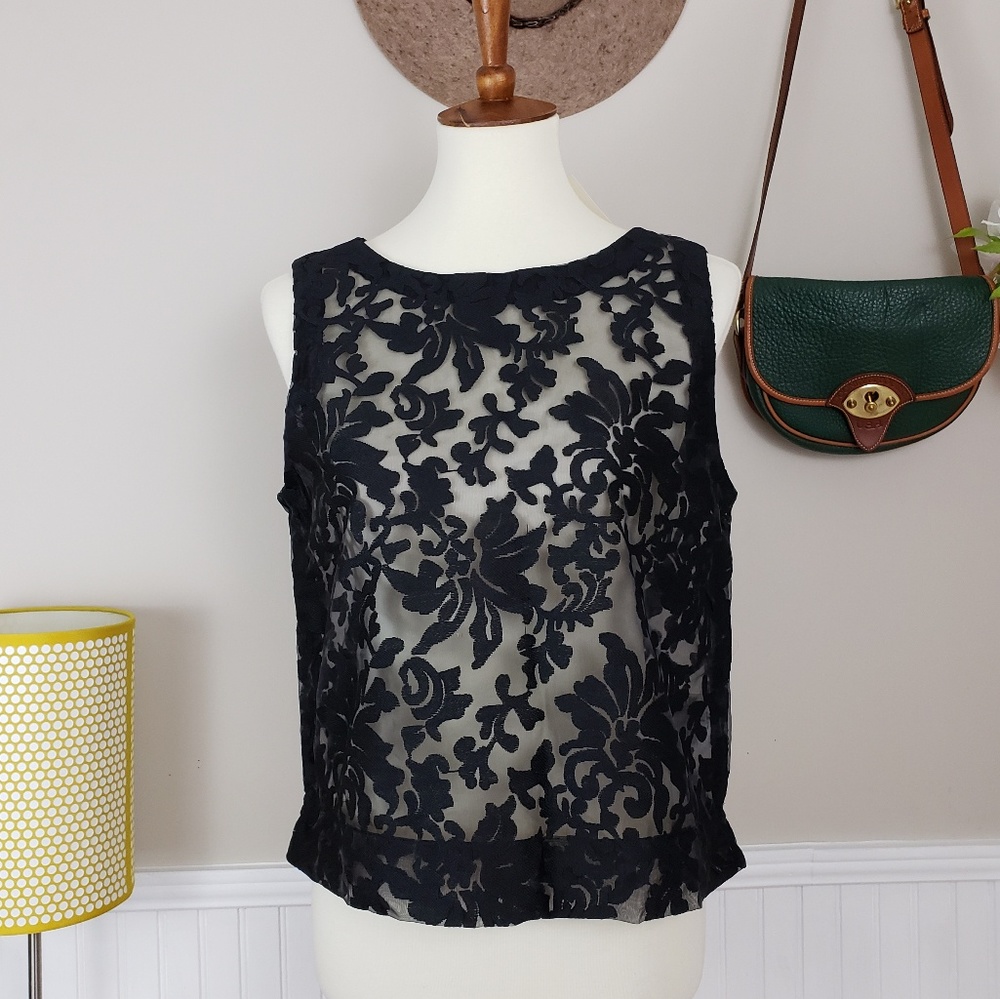 Banana Republic Sheer Black Embriodered Top NWT